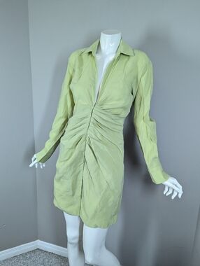Zara Lime Green Ruched Mini Dress XS Fitted Shirt Dress Long Sleeve Summer Chic